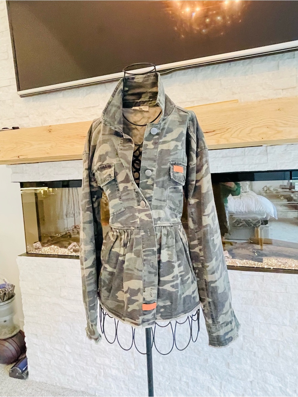 Mystree Camo Pleated Utility Jacket - Olive/Tan with Orange Embellishment!